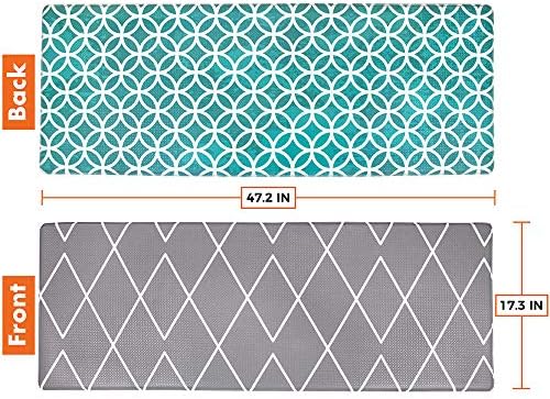 OPUX Anti Fatigue Kitchen Floor Mat, Reversible Cushioned Memory Foam Kitchen Rug Pad, Waterproof Non-Slip Padded Comfort Standing Mat Office Laundry Home, 47x17 (Geometric Teal Gray)