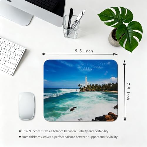 9.5x7.9 Inch Office/Gaming Mouse Pad, Ocean Lighthouse Tropical Island Turquoise Sea Waves Rocks Beach Seaside, Cute Anti-Slip Mat for Desk Decor