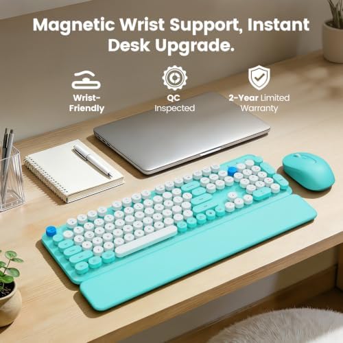 Wireless Keyboard Mouse Combo, Magnetic Wrist Rest, Round Keycap, Aqua Blue