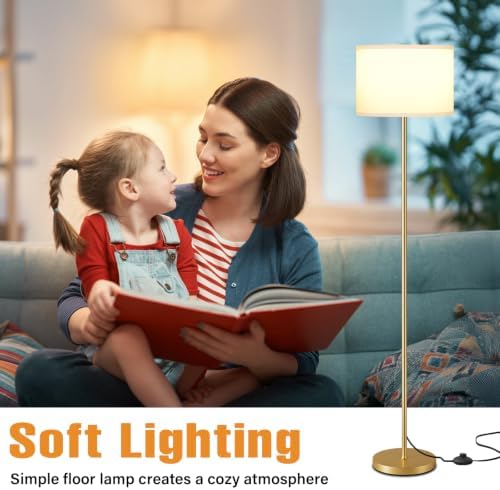 Ambimall 60'' Modern Floor Lamp with Shade, Tall Lamps for Living Room, Bedroom, Office, Dining Room, White Shade with Gold Pole(Without Bulb)
