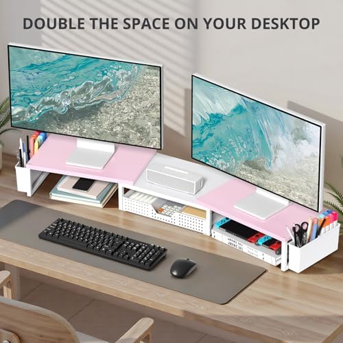 OPNICE Desk Organizers and Accessories, Dual Monitor Stand Riser with Drawer and 2 Pen Holders, Desk Shelf Printer Stand for Office Workspace Organizers, Desktop Organization (Pink-White)