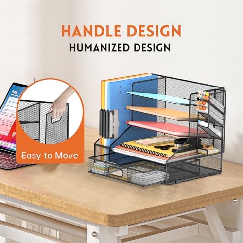 5-Tier Desk Organizer with File Holder & Pen Holder & Sliding Drawer, Black