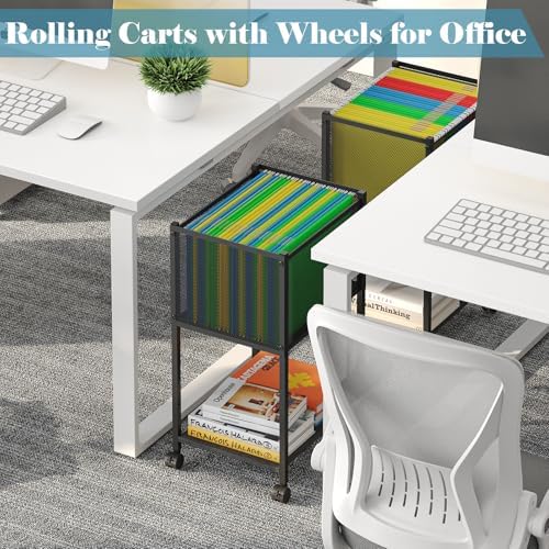 Sbanmao Letter/Legal Rolling File Cart, Narrow Mobile File Cabinet with Wheels Hanging Files, Metal Hanging File Folder Cart File Organizer Under Desk Storage for Home Office, Black