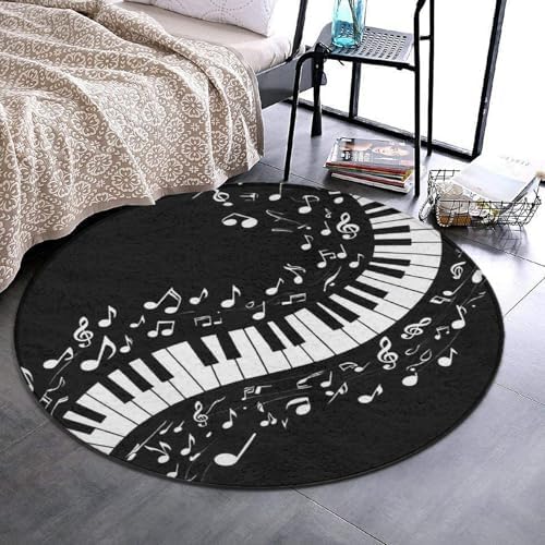 Soft Round Yoga Carpet, Office Chair Decor Round Mat for Carpet and Hardwood Floors Piano Music Notes Gift Black and White