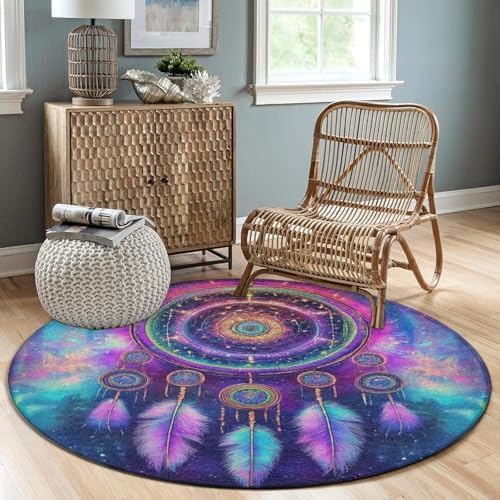 Room Sofa Yoga Soft Round Carpet, Home Decor Non Slip Kitchen Office Circle Rug, Machine Washable Modern Round Area Rug Colorful Purple Blue Galaxy Dream Catcher Art, 60inch