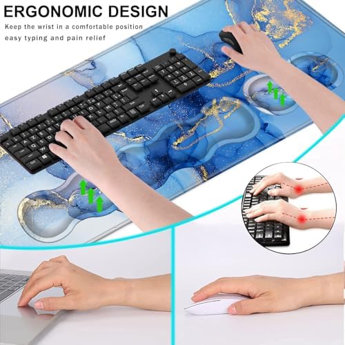 Keyboard Wrist Rest and Mouse Pad with Wrist Support Set Ergonomic Coaster,Memory Foam,Easy Typing Pain Relief,Large XL Desk Mat 31.5"x 11.8",Marble Texture