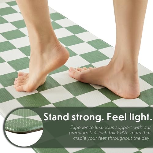 Ohocut Checkered Kitchen Mats for Floor Set of 2, 2 Pcs Sage Green Cushioned Non Slip Runner Rugs for Kitchen/Sink/Laundry, Comfort Aesthetic Cute Anti-Fatigue Foam Floor Mat 17.3"x29.5"+17.3"x47.2"
