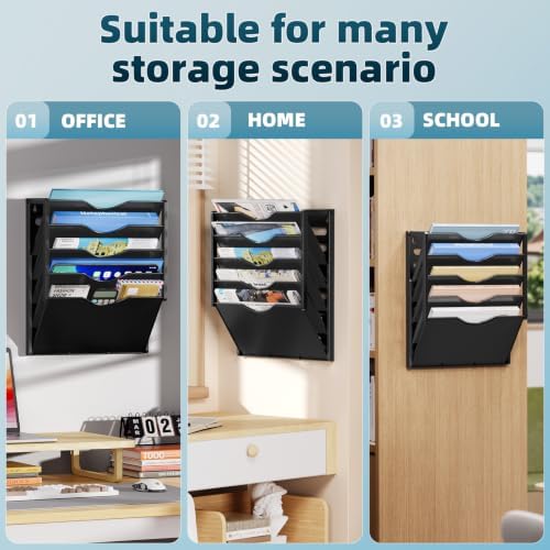 Marbrasse 5 Tier Wall File Organizer, Plastic Hanging File Holder for Mail, Magazines Paper Organizer Wall Mounted for Office Home (Black)