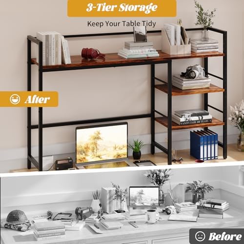 HavenlyYouth Desk Shelf, 45.4 Inch Wood Desk Organizer Shelf for Computer Monitor, Desk Hutch Storage, Desktop Shelf for Top of Desk, 3 Tier Desktop Bookshelf for Home Office Dorm, Rustic