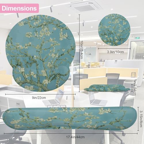 Blossoming Almond Tree Keyboard Wrist Rest Pad and Mouse Pad Wrist Support Set,White Flower 3-in-1 Ergonomic Mouse Pad with Non-Slip Rubber Base for Home Office Game Computers Desk,