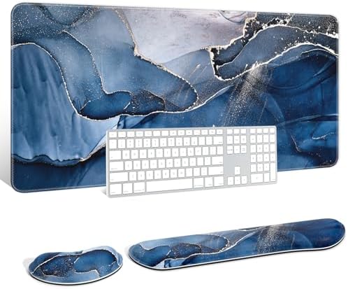Auhoahsil Large Mouse Pad with Wrist Rests for Keyboard & Mouse, Thick Soft Ergonomic Memory Foam Wrist Supports, Big & Long Desk Mat 35.5 x 15.7 in, for Office Gaming Computer, Ink Navy Marble