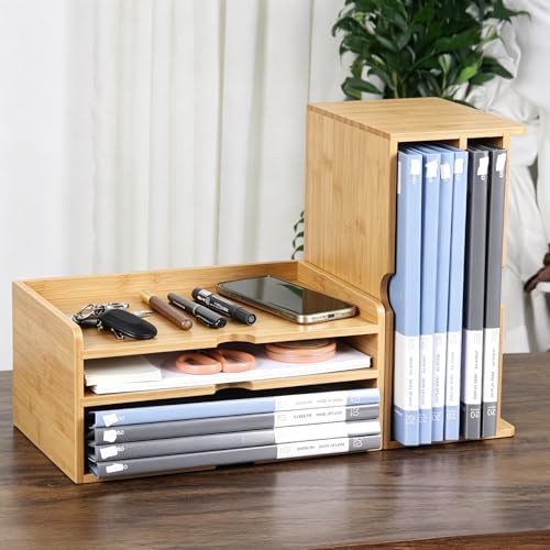 Bamboo Desk File Organizer, Stackable A4 Paper Tray Mail Holder for Office