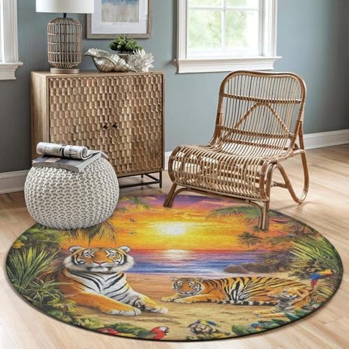 Machine Washable Modern Round Area Rug, Room Sofa Yoga Soft Round Carpet, Home Decor Non Slip Kitchen Office Circle Rug Tropical Tiger Animal World King Art, 36inch