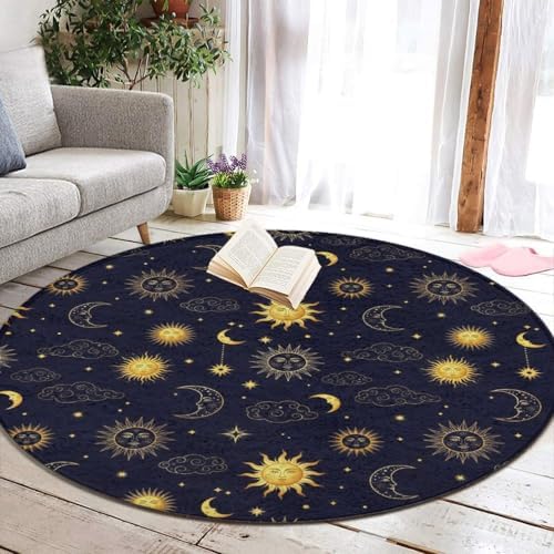 Large Machine Washable Circular Rugs, Home Decor Round Mat for Living Room Sofa Office Compatible with Sun Moon Boho Astrology