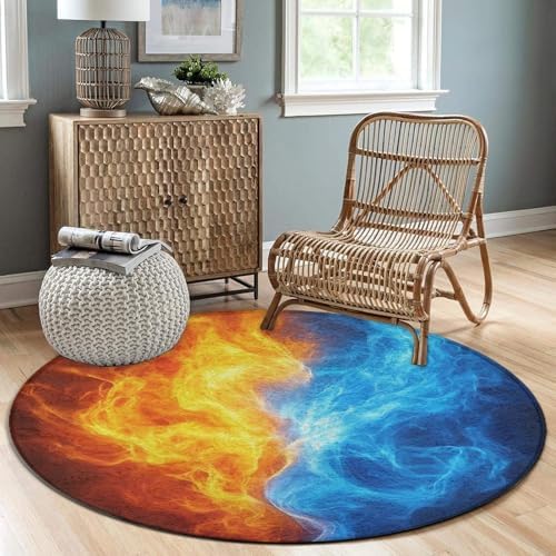 Soft Round Yoga Carpet, Office Chair Decor Round Mat for Carpet and Hardwood Floors Red Blue Ice Fire