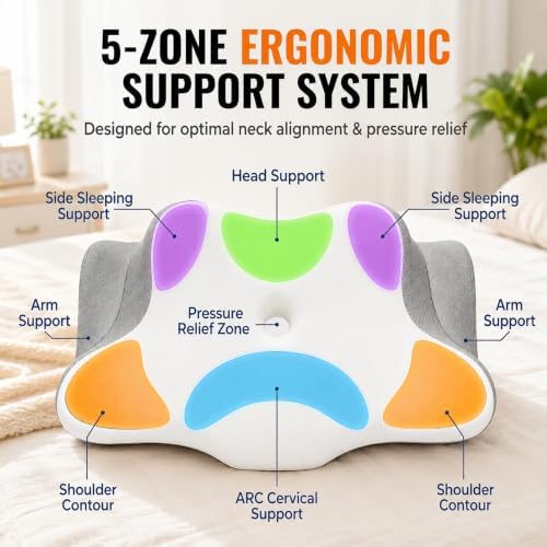 Cervical Neck Pillow for Pain Relief, Memory Foam Contoured Orthopedic Pillow for Sleeping, Dual Height 5.5/3.7 Neck Shoulder Arm Support – Ergonomic Cooling Pillow Side Back Stomach Sleepers