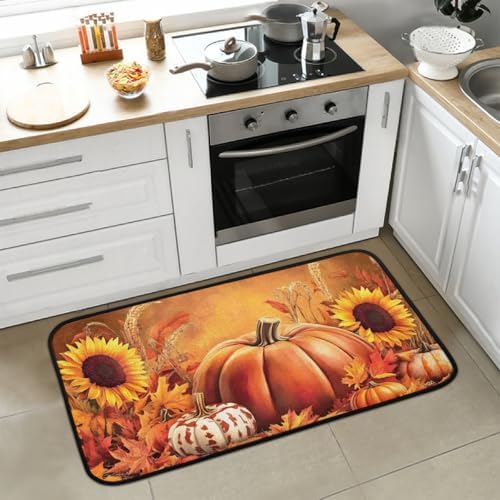 Kitchen Mats, Autumn Fall Maple Leaf Pumpkin Kitchen Rugs, Cushioned Anti Fatigue Kitchen Mats, Non-Slip Standing Desk Mat, Absorbent Kitchen Rug for Floor, Kitchen, Office, Sink, 20"×39"