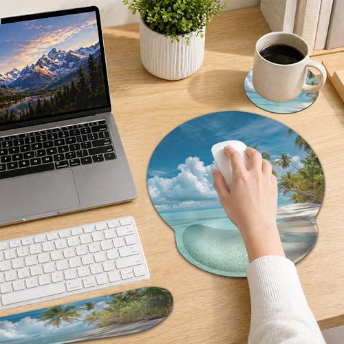 Wrist Rest Support for Mouse Pad Keyboard Set, Hawaii Beach Palm Tree Mouse Pad with Non Slip Rubber Base for Home and Office Typing Support