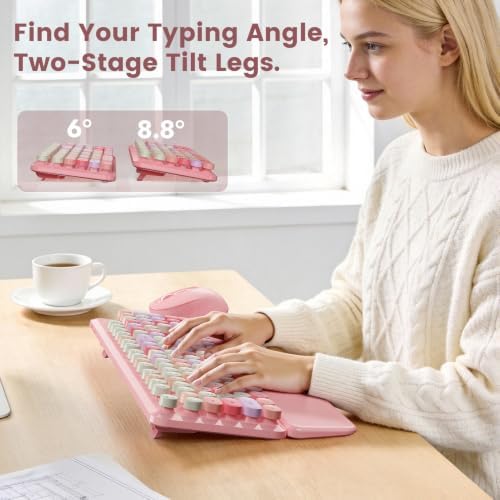 Wireless Keyboard and Mouse Combo, Magnetic Wrist Rest, Round Keycaps, Pink