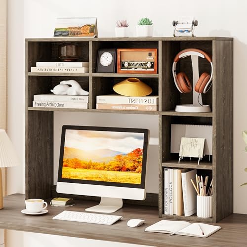 Tangkula Desktop Bookshelf, 37" Countertop Storage Hutch with 7 Cubes & 3 Adjustable Shelves, 3-Tier Desk Display Rack Organizer, Multipurpose Wood Desktop Hutch for Dorm Home Office (Grey)