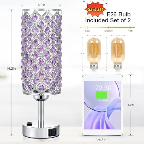 Hong-in Crystal Lamps Set of 2, 3 Way Dimmable Touch Lamp with Crystal Shade, Bedside Nightstand Lamps for Living Room Bedroom Home Office(Purple)