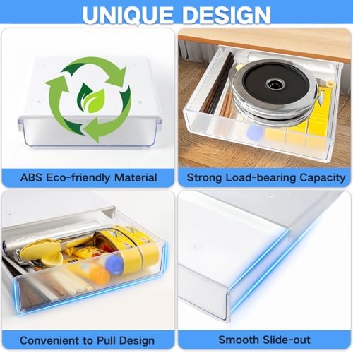 OSPNIEEK Self-adhesive Under Desk Drawer Organizer, 2 Pack Table Hidden Slide Out Large Storage Mounted Desktop Pencil Holder Tray Drawers for Office Home School Stationery Kitchen (XL+L, White)