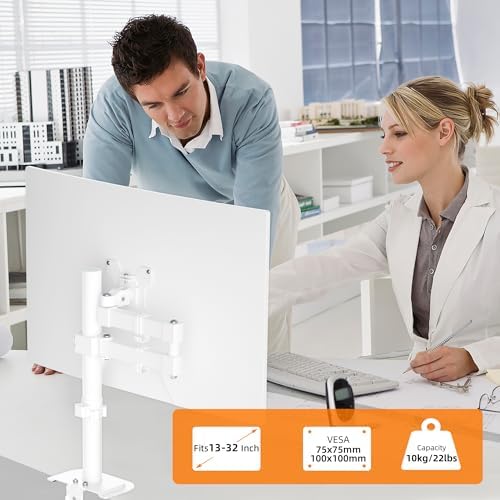 Bracwiser Monitor Mount Single Fully Adjustable Arm Monitor Arm Fits One Screen 13-32 inch 22lbs for Monitor Computer Screen 13 15 17 19 20 22 23 24 26 27 30 32 inch VESA 75 100, White(MD7421W)