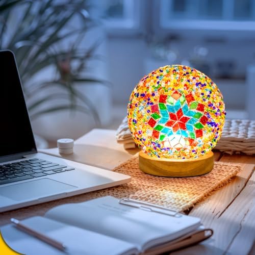 Turkish Mosaic Lamp, 3 Color Temperature Tiffany Bedside Lamp with USB Power, Moroccan Glass Lantern Table Lamp for Living Room Decor, Simple Control (D:4.7" x H:5.2") (Color2)