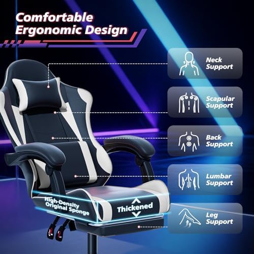 Magshion Gaming Chair for Adults, Ergonomic Computer Chair with Linkage Armrests, Height Adjustable Gamer Chair with Footrest and Headrest for Home Office, 350 Lbs Capacity, White