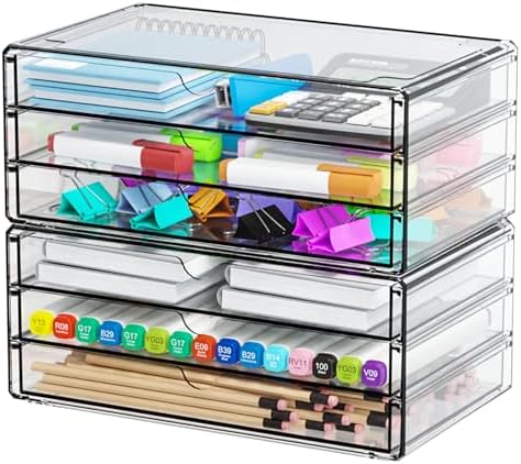Yieach 2 Pack Acrylic Storage Drawers With 6 Drawers,Stackable Desk Organizer and Makeup Organizer,Large Clear Office Supplies Organizer for Pen,Stationary,Palettes,Arts Craft Organizers and Storage