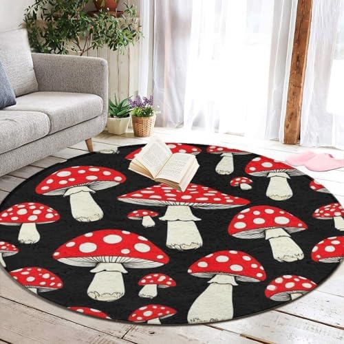 Large Home Decor Mat, Soft Round Yoga Carpet, Non Slip Machine Washable Kitchen Office Circle Rug Black Red Mushroom Lovers