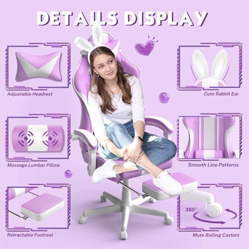 Ferghana Kawaii Light Purple Gaming Chair with Bunny Ears, Ergonomic Cute Gamer Chair with Footrest and Massage, Racing Reclining Leather Computer Game Chair 250lbs for Girls Adults Teens Kids