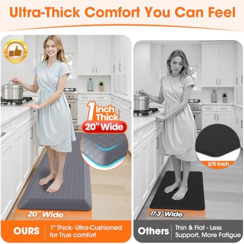 1" Thick Kitchen Mats for Floor, Water Resistant Floor Rug,Grey/72" x 20"