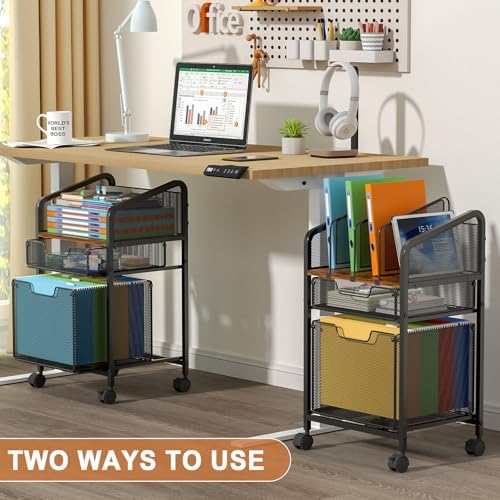 Tiaoheka Rolling File Cabinet with Adjustable Dividers, Mobile Filing Cabinet with 2 Storage Drawers on Lockable Wheels, Hanging File Organizer Beside Under Desk for Office, Home（Patent Pending）