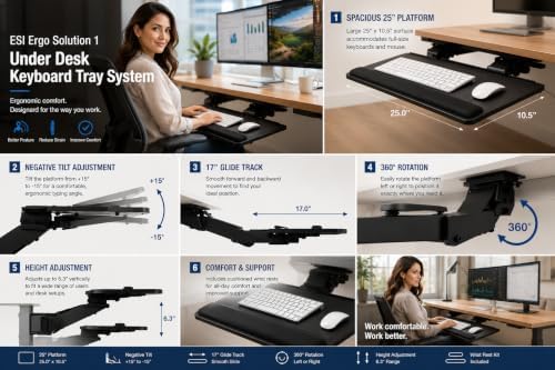 AA260 Articulating Arm PL003-25 Rectangular 25" Platform, Under Desk Ergonomic Keyboard Tray, Adjustable Height, Negative Tilt, 360° Rotation, 17" Glide Track, Keyboard and Mouse Platform, Wrist Rest