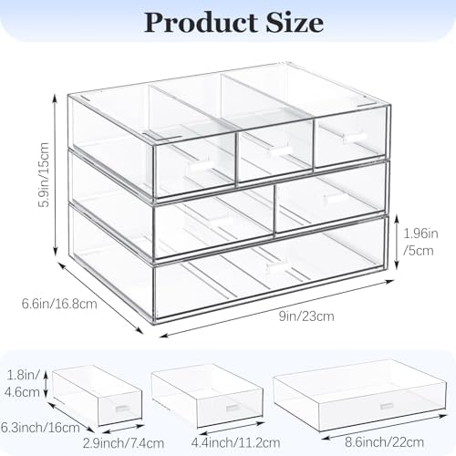 3 Tier Stackable Desk Organizer with 6 Drawers, YOCOMEY Plastic Desktop Storage Box Drawers, Detachable Makeup Storage Office Stationery Supplies Organizer for Office School (All Clear)