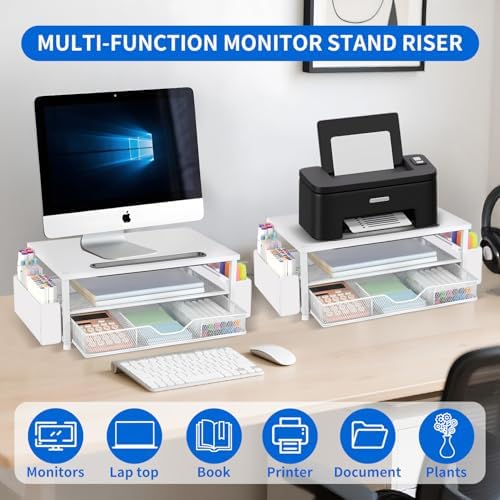 AUPSEN White Monitor Stand Riser, 2-Tier Wood Computer Desk Organizer with Drawer, Pen Storage & Phone Holder, Office Desk Accessories Desktop Organizer for Office Supplies (White)