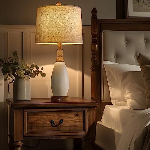 OYEARS 24.5” 3-Way Dimmable Touch Control Bedside Table Lamp Set of 2 with USB and Type-C Charging Ports Modern Farmhouse Nightstand Lamp for Bedroom Living Room (Bulb Included)