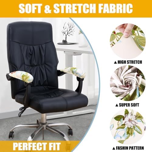 Smiry Stretch Printed Office Chair Armrest Covers, 2 Pcs, Beige and Green