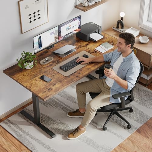 Klicelor 63 x 28 Electric Standing Desk, Sit Stand Up Home Office Desk, Height Adjustable Deep Cumputer Table with Memory Presets and Hooks, Two Pieces, Rustic Brown
