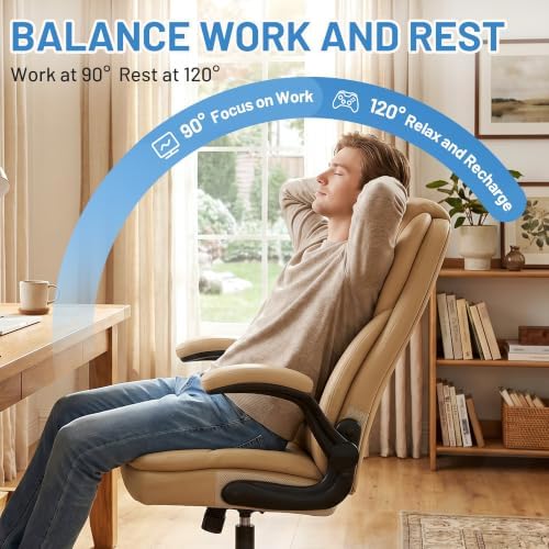 Ergonomic PU Leather Office Chair with Double-Layer Seat Cushion, Adjustable Armrest and Headrest, Reclining Backrest 360° Swivel Rolling Computer Desk Chair for Home Office Gaming Space, Khaki
