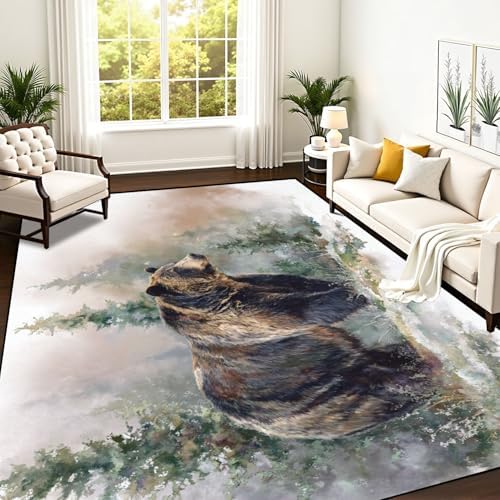 Peaceful Bear by Pine Trees Sunlit Moss Warm Tones Area Rug Outdoor Patio Rug Play Mat Modern Floor Carpet Non-Slip Home Decor Living Room Kids Bedroom Nursery, 9x12 ft