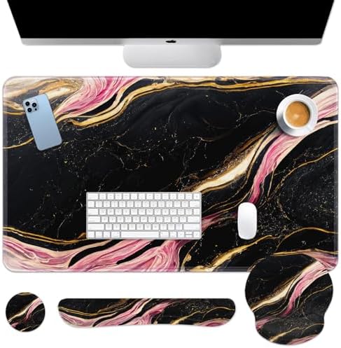 Britimes Keyboard Mouse Pad Set, 4 in 1 Desk Mat Set, Pink Black Marble