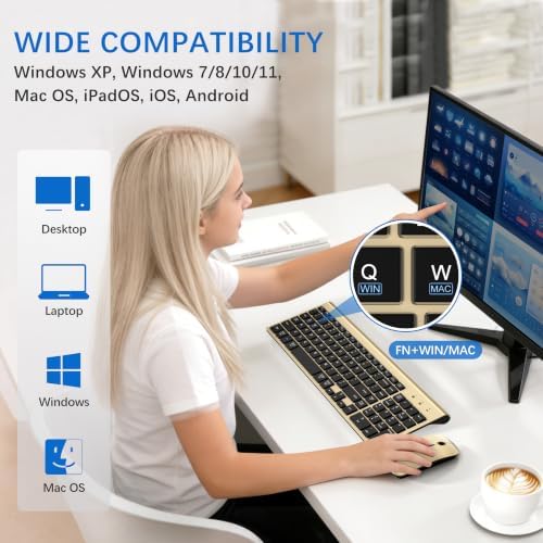 Wireless Keyboard and Mouse Ultra Slim Combo with Dual System - Gold Black