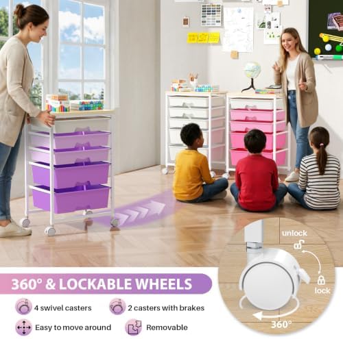 Goovilla Rolling Cart with 5 Drawers for Craft, Art, Dorm, Office, Purple