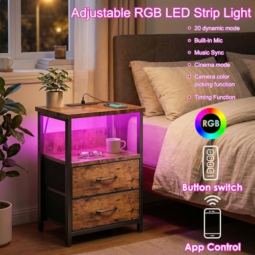 Fixwal Night Stand with Charging Station, Led Nightstand, 2 Fabric Drawers