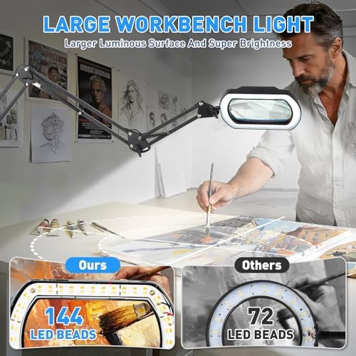 HITTI 12X Square Ultra Long Magnifying Glass with Light and Clamp