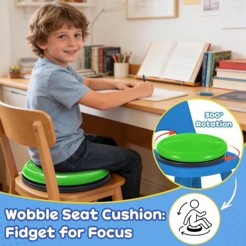 Wobble Cushion, Fimeetoy 360°Spinning Wiggle Seat, ADHD Sensory Chair,Flexible Seating in Classroom & Home,ADHD Tools for Kids,2-in-1 Detachable Balance Pad,Fidget for Focus-Green