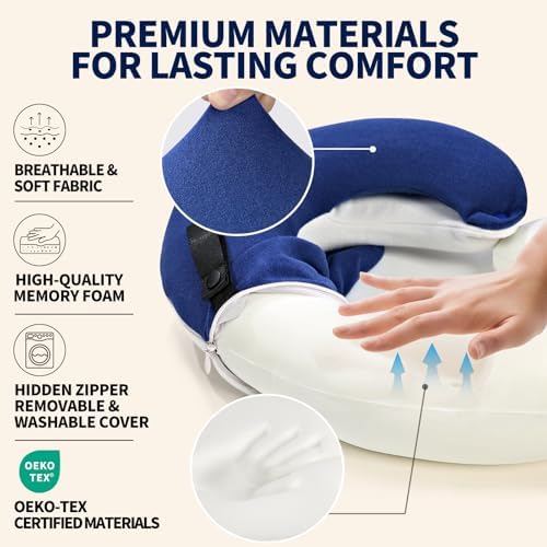 BUYUE Travel Neck Pillows for Airplanes, Memory Foam 360° Head Support Sleep for Long Flight, Skin-Friendly & Breathable, Kit with Eye Mask, Earplugs and Storage Bag (Adult, Navy, 90+ lbs)