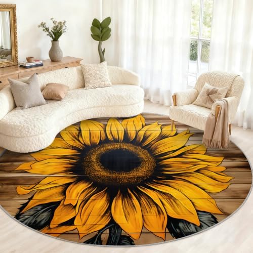 Sunflower Round Rug - 3ft Washable Sunflower Round Area Rug for Bathroom, Western Country Circle Rugs Soft Non-Slip Carpet for Kitchen Bedroom Kids Room Decor Mat